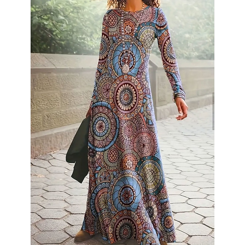 Women's Maxi Dress Vintage Bohemian A Line Dress Crew Neck Long Sleeve Casual Daily Regular Fit Graphic Paisley Abstract Yellow Red Blue Spring Fall Winter Autumn2