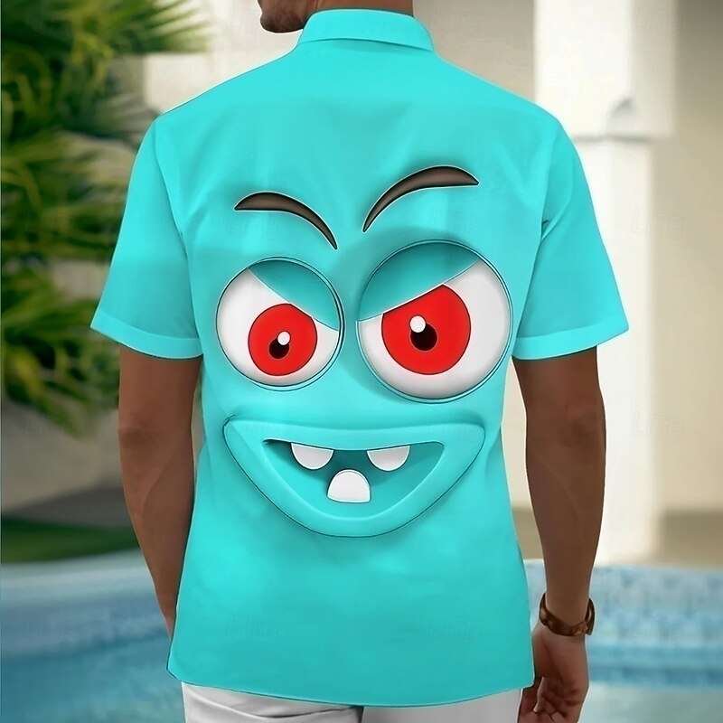 Men's Cartoon Funny Smile Face Shirt Summer Shirt Button Up Shirt Short Sleeve Fashion Casual Outdoor Vacation Dailywear Summer Spring Turndown 3D Print Collared Shirts Front One Pocket Blue2