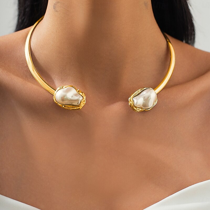 Women's Gold Chunky Choker,Bracelet, Ring Necklace with Baroque Pearl - Bold Statement Jewelry for Weddings, Galas and Evening Parties2