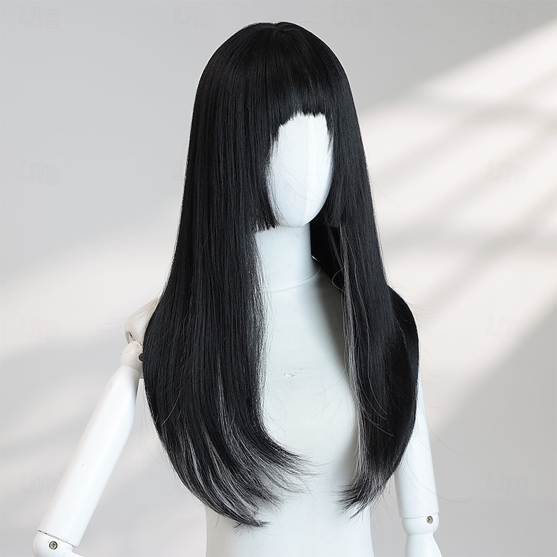 24-Inch Layered Straight Black Wig for Women – Full Bangs, Sleek Synthetic Hair, Perfect for Halloween Cosplay & Fashion3