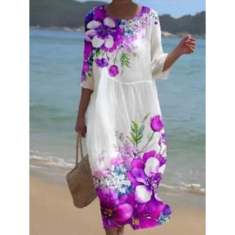 Women's Midi Dress Casual Dress Print Dress Fashion Modern Daily Beach Weekend Regular Fit Floral 3/4 Length Sleeve Crew Neck White Pink Light Purple Purple Spring Fall Autumn2