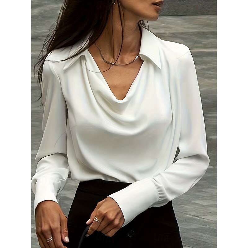 Women's Shirt Solid Color Plain Elegant Vintage Tropical Long Sleeve Cowl Neck Shirt Collar Regular Tops Work Daily Semi Formal Ruched Black White Dusty Rose Blue Summer Spring2