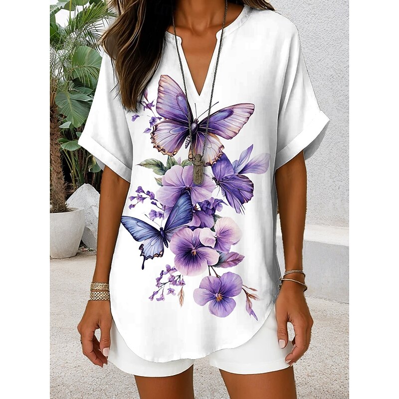 Women's Blouse V Neck Graphic Butterfly Daily Stylish Casual Short Sleeve Regular Tops Daily Holiday Black Red Blue Purple Summer Spring3