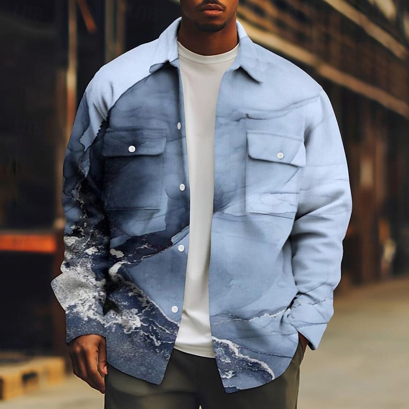 Men's Marble Abstract Liquid Art Corduroy Shirt Shacket Shirt Jacket Long Sleeve Casual Outdoor Dailywear Fall Winter Turndown Button-Down Warm Jacket with Flap Pockets White Yellow Blue Dark Blue3