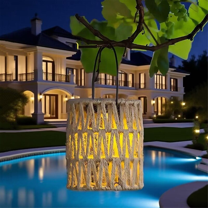 Outdoor Solar Lanterns Courtyard Hand-Held Rattan Woven Lamp Camping Lamp Garden Villa Outdoor Solar Handmade Woven Hanging Lamp  1PC