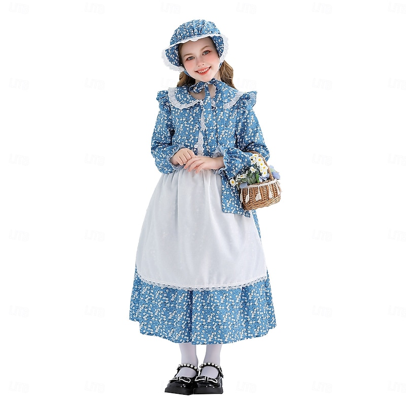 19th Century 1800s Old West Prairie Dress Bonnet and Apron Set Pioneer Fancy Dress Girls' Halloween Carnival World Book Day School Event Dress Up Historical reenactment Kid's Dress Apron Bag3