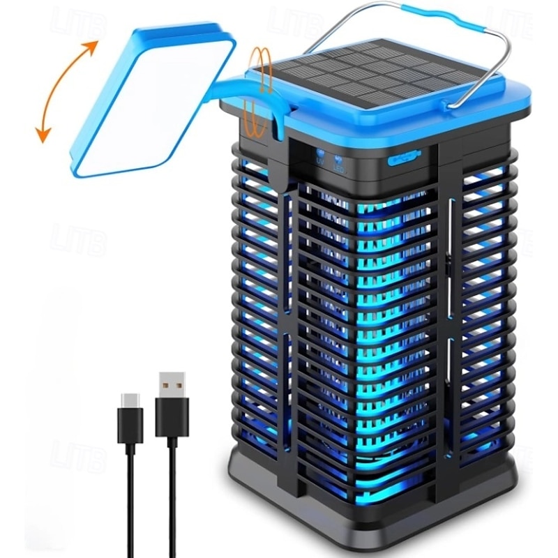 Solar Insect Killer Electric Mosquito Lamp, USB Rechargeable Insect Trap Waterproof Fly Killer 4200V Mosquito Trap UV Light Non-toxic for Indoor and Outdoor Use
