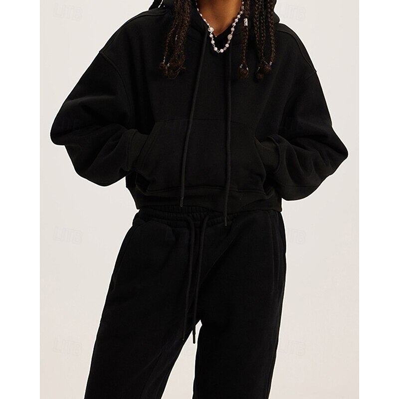 Women's Fashion Streetwear Pants Sets Short Sleeve Hooded Plain Daily Wear Date Black Blue Gray Summer Regular Fit2