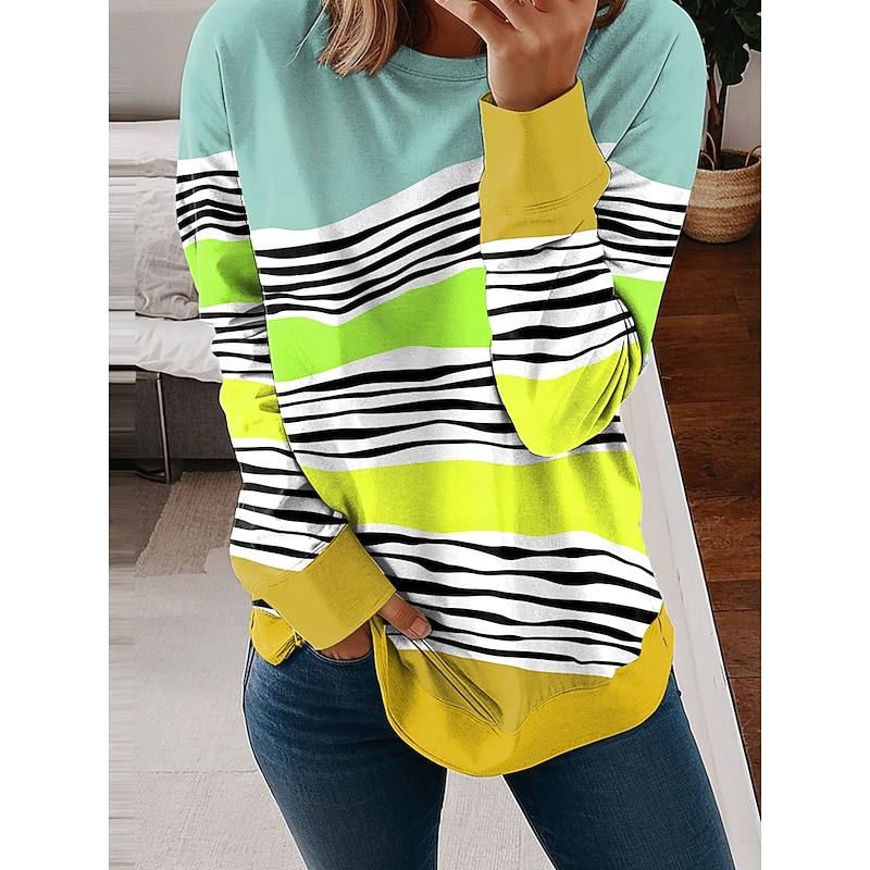 Women's Sweatshirts Graphic Geometric Striped Casual Long Sleeve Crew Neck Regular Tops Street Casual Holiday Print Light Green Blue Purple Green Spring Fall Winter2