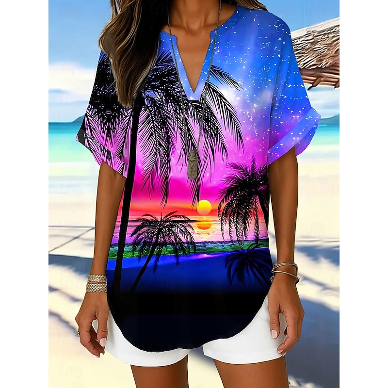 Women's Boho Shirt Floral Graphic Leaf Elegant Bohemia Daily Short Sleeve Regular Tops Daily Holiday Yellow Pink Blue Summer Spring