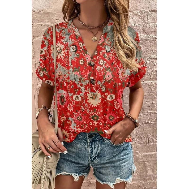 Women's T Shirt Graphic Tribal Stylish Casual Boho Short Sleeve V Neck Regular Tops Daily Going out Weekend Print Black and White Red Purple Red / Blue Summer Spring
