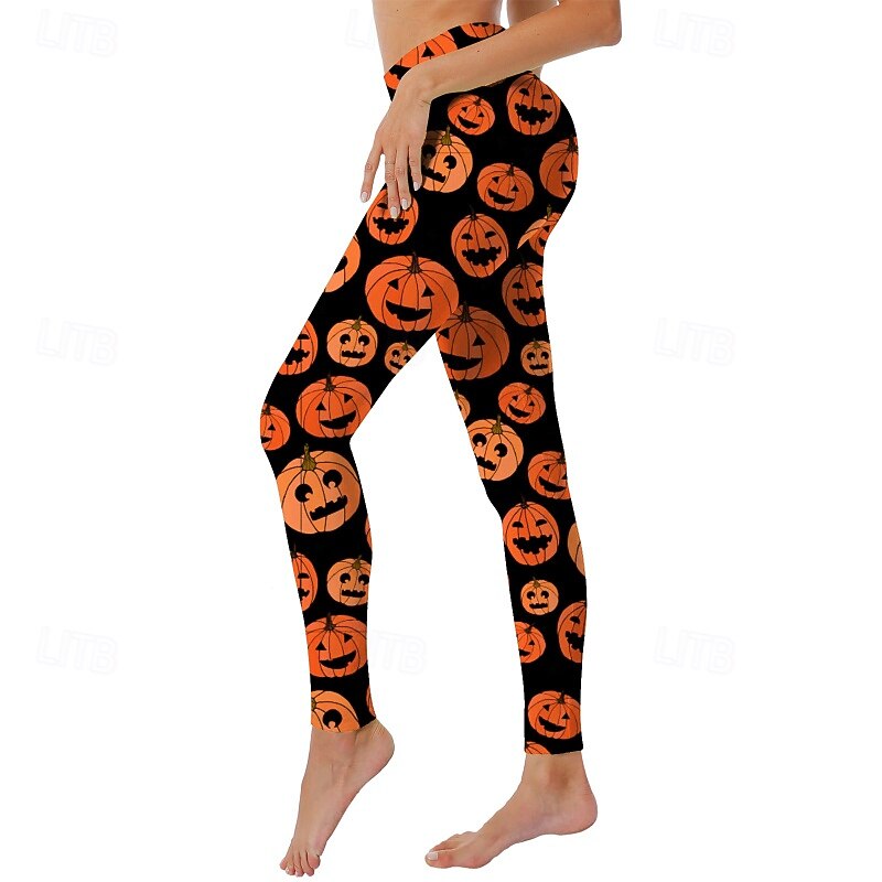 Women's Slacks Leggings Streetwear Casual Full Length NaturalPantsHalloween Pumpkin Elastic Waist Printing Soft Street Holiday Daily Wear Black Gold Orange red Brass Black Fall Regular Fit