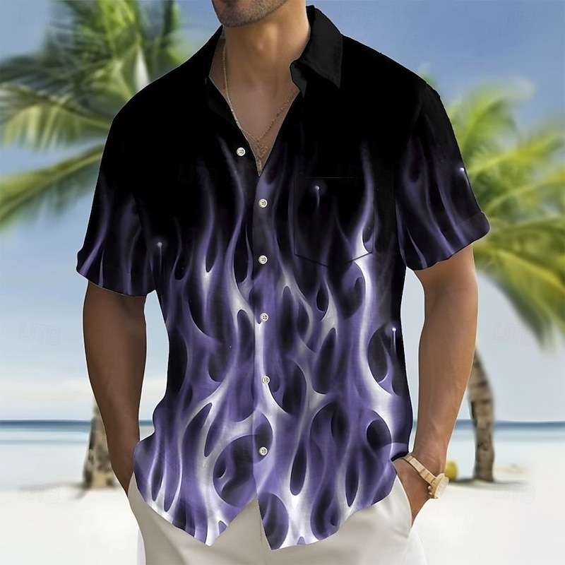 Men's Gradient Waves Flame Shirt Summer Shirt Button Up Shirt Short Sleeve Fashion Casual Outdoor Vacation Dailywear Summer Spring Turndown 3D Print Collared Shirts Front One Pocket Black