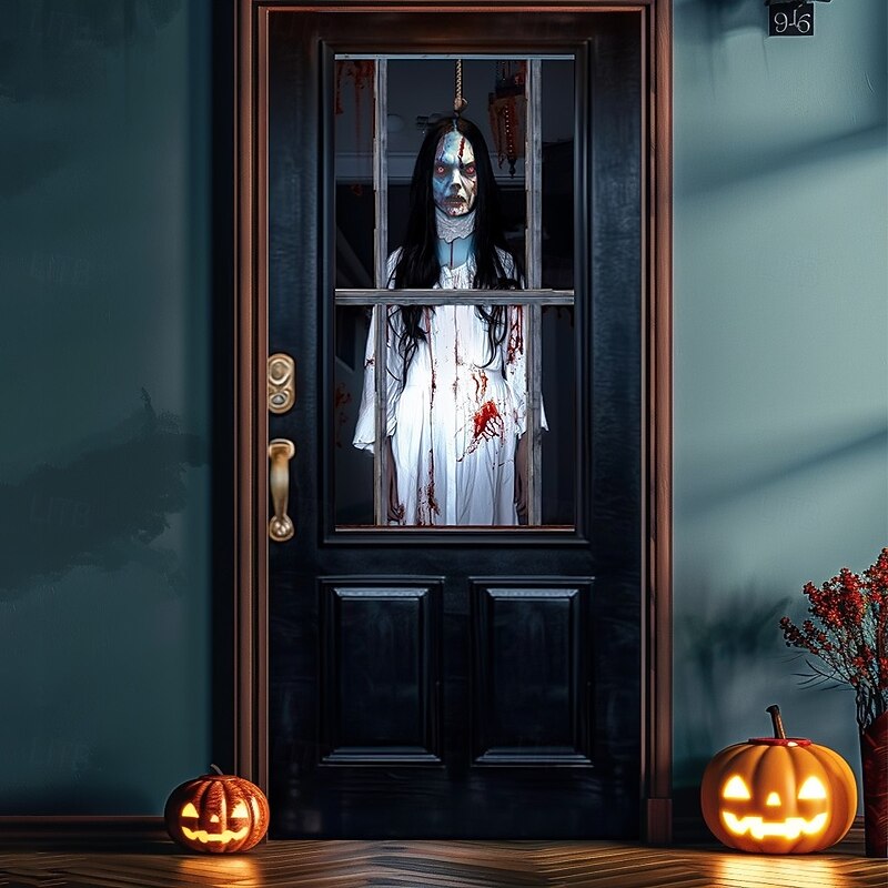 Halloween Door Cover – Creepy Ghost Girl Behind Glass Door, Haunted House Entrance Banner, Horror Outdoor 2025 Halloween Decoration for Bedroom, Living Room, Bathroom