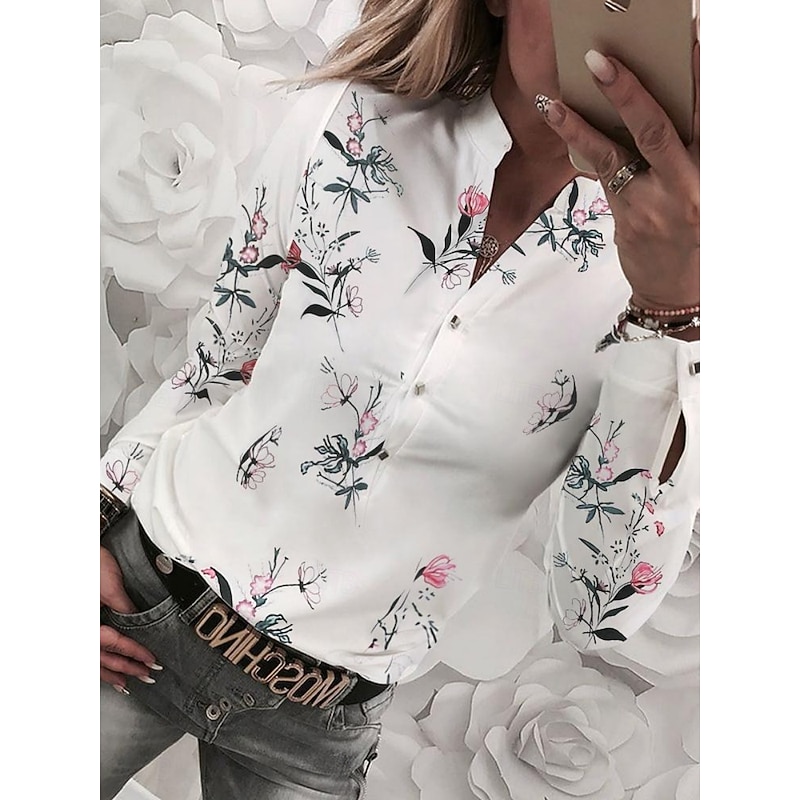 Women's Shirt Floral Stylish Casual Beach Long Sleeve V Neck Regular Tops Daily Pocket Buttons Print Black And White Black White Pink Red Summer Spring Fall