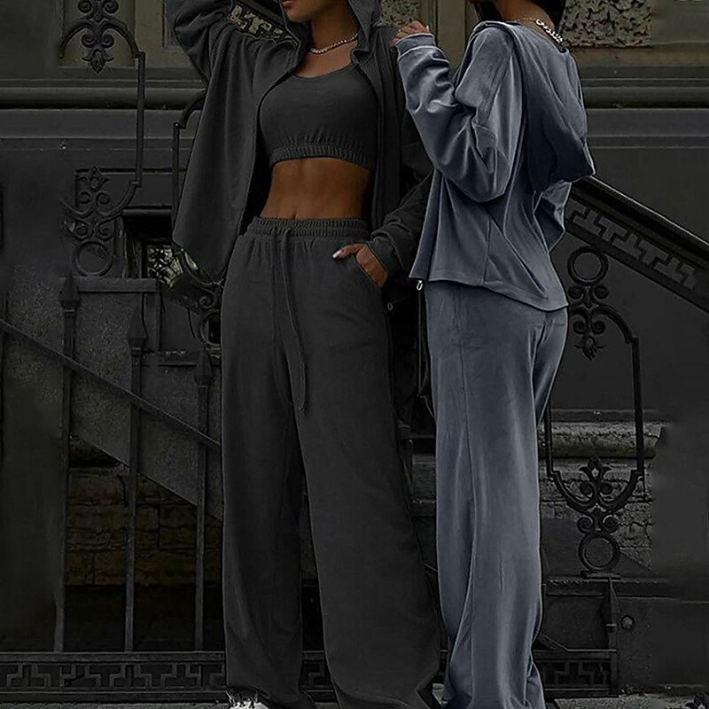 Women's Tracksuit Sweatpants Zip Up Hoodie Drawstring Pocket Solid Colored Clothing Suit Fall & Winter Black Pink Velvet Gym Training Running High Waist Windproof Moisture Wicking Long Sleeve Sport3