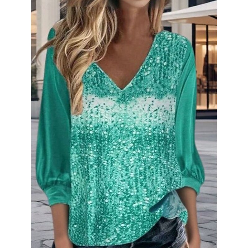 Women's Sequin Sparkly Party Glitter Sparkly Stylish Long Sleeve V Neck Regular Tops Daily Holiday Print Asymmetric Hem Silver Pink Blue Green Spring Fall3
