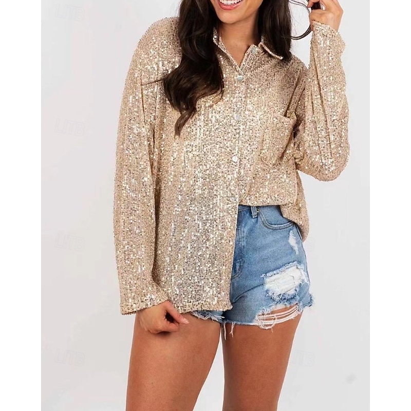 Women's Shirt Texture Blouse Blouse Plain Party Stylish Long Sleeve Shirt Collar Regular Tops Evening Party Party Outfits Sequins Black Silver Champagne Light Green Apricot Fall