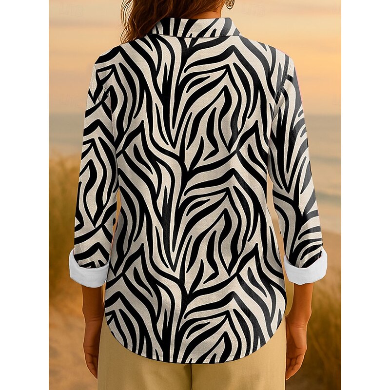 Women's Shirt Button Down Tunic Shirt Collar Long Sleeve Graphic Geometric Striped Vintage Tropical Daily Regular Tops Work Daily s Print Blue Purple Green Khaki Spring2