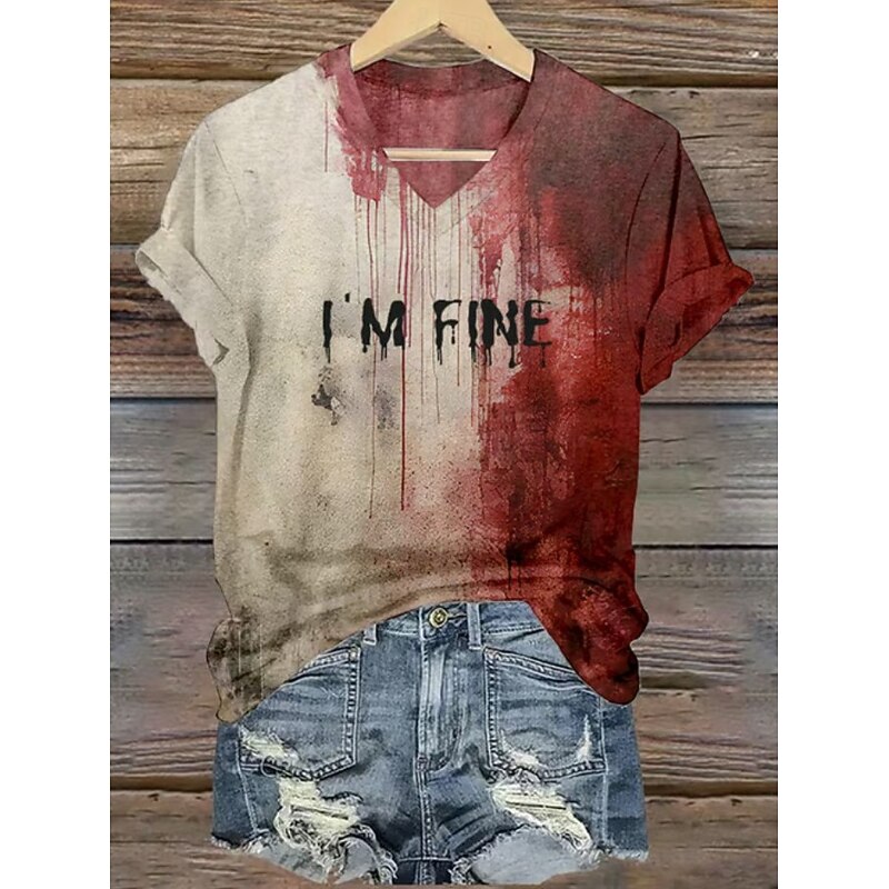 Halloween Women's T shirt Monster Graphic Vintage Stylish Classic Short Sleeve V Neck Regular Tops Daily Print Maroon Black White Red Summer Spring3