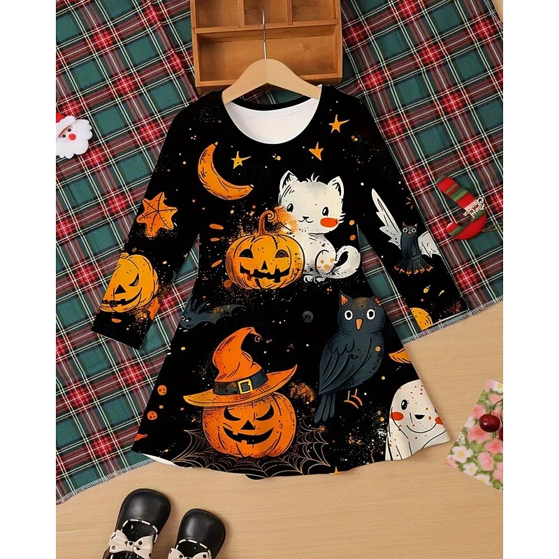 Halloween Girls' 3D Animal Pumpkin Dress Long Sleeve Summer Spring Vacation Daily Holiday Princess Beautiful Sweet Kids 4-12 Years Casual Dress A Line Dress Knee-length Regular Fit2