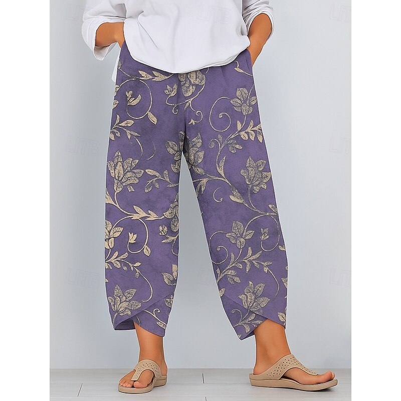 Women's Slacks Cropped Pants Vacation Vintage Ethnic Style Full Length High Waist Graphic Abstract Geometic Elastic Waistband Comfy Breathability Soft Inelastic Formal Outdoor Vacation Red Purple3