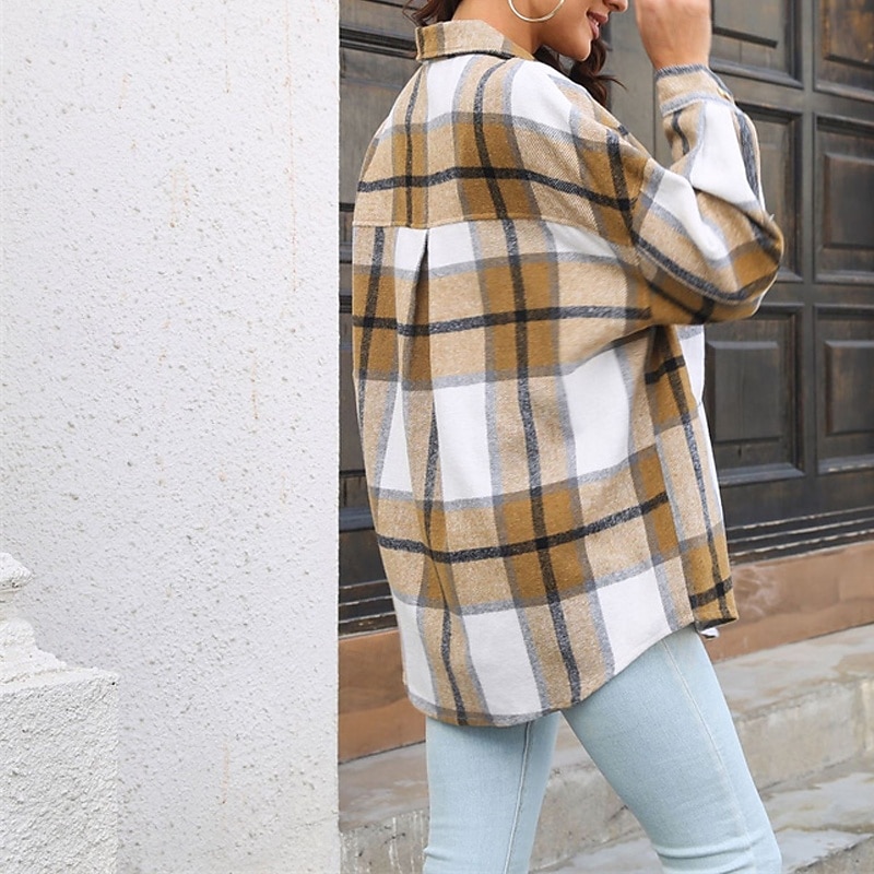 Women's Shacket Warm Comfortable Buttons Print Fashion Outdoor Plaid Going out Weekend Regular Turndown Regular Fit Long Sleeve Outerwear Blue Green Khaki Fall Winter4