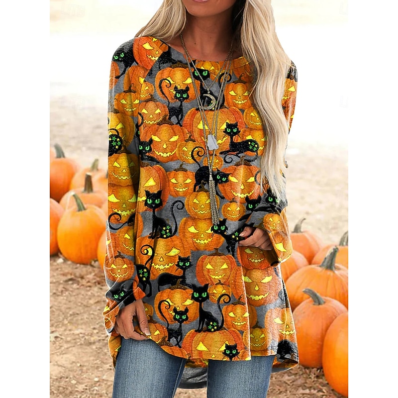 Halloween Women's T shirt Witch Long Sleeve Graphic Pumpkin Vintage Stylish Classic Long Sleeve Crew Neck Round Neck Long Tops Daily Print Yellow Orange Gray Spring Fall Prefall2