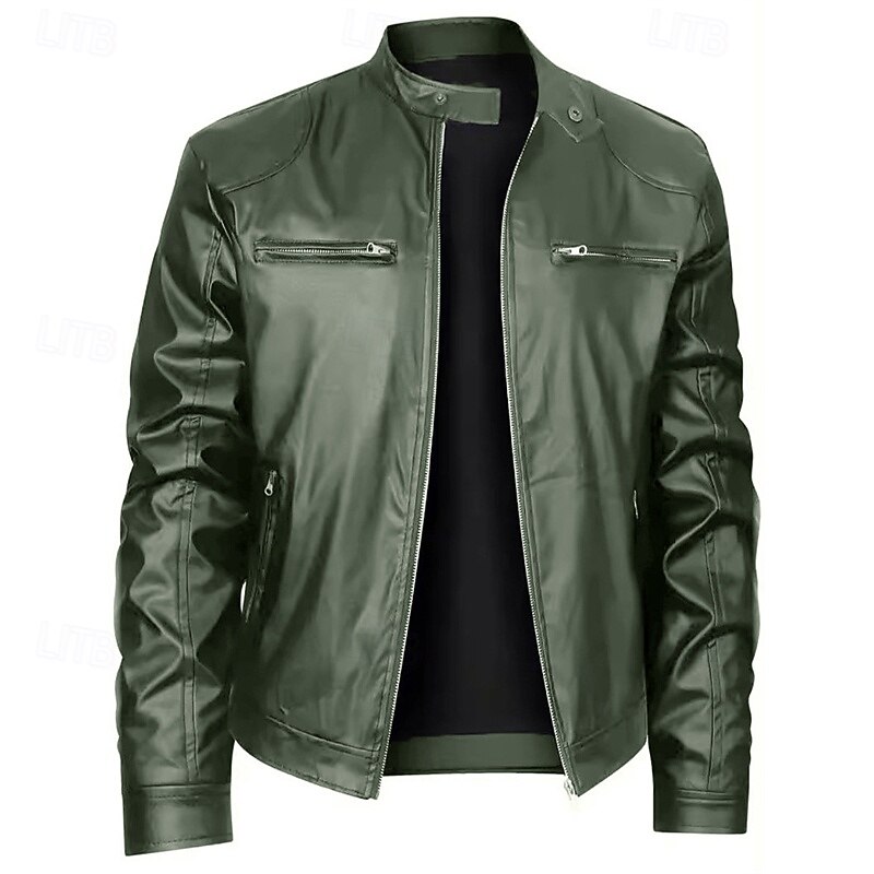 Men's Faux Leather Jacket Biker Jacket Motorcycle Jacket Vacation Daily Windproof Warm Zipper Fall Winter Plain Fashion Classic Stand Collar Regular Black Red Royal Blue Blue Dark Green Jacket