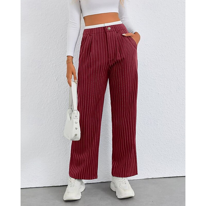Women's Wide Leg Slacks Pants Trousers Fashion Streetwear Full Length High Waist Striped Pocket Breathability Comfortable Street Daily Wear Going out Wine Black White Navy Blue Summer Spring Regular
