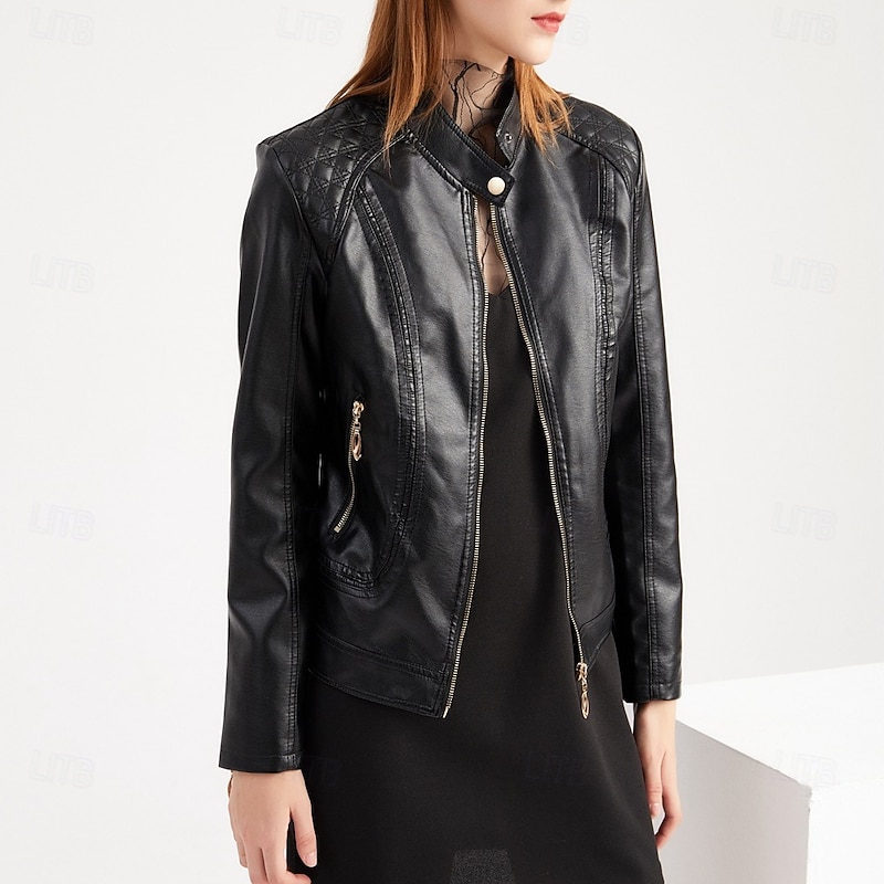 Women's Faux Leather Jacket Comfortable Pocket Full Zip Fashion Street Style Plain Outdoor Casual Daily Regular Stand Collar Regular Fit Long Sleeve Outerwear Black Champagne Red Spring Fall2