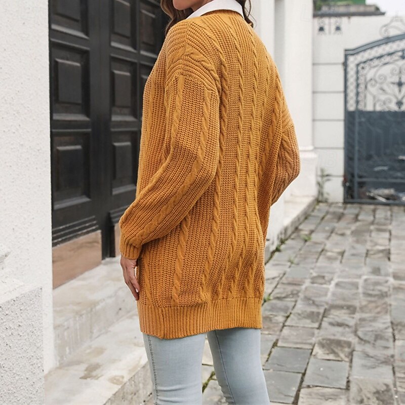 Women's Cardigan Casual Solid Color Chunky V Neck Knitted Long Sleeve Regular Tops Knit Daily Holiday Going out Yellow Army Green Fall Winter4