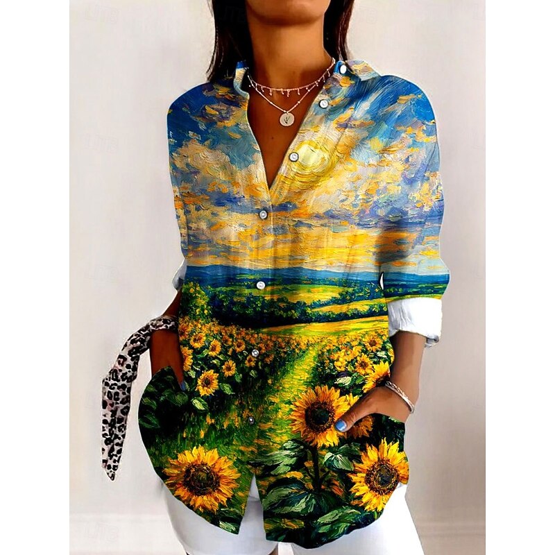Women's Shirt Button Down Tunic Shirt Collar Long Sleeve Floral Graphic Elegant Vintage Tropical Regular Tops Work Daily s Print Yellow Blue Spring