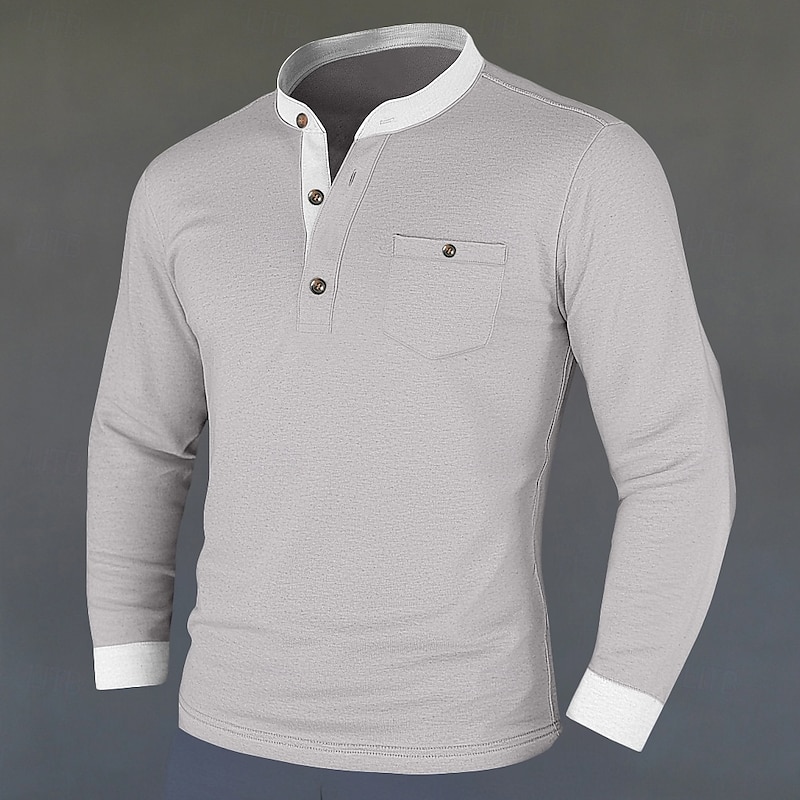 Men's Henley Shirt Tee Top Cotton Blend T-Shirt Long Sleeve Color Block Solid Fashion Designer Basic Patchwork Stand Collar Henley Vacation Street Casual Spring &  Fall Black Navy Blue Light Grey
