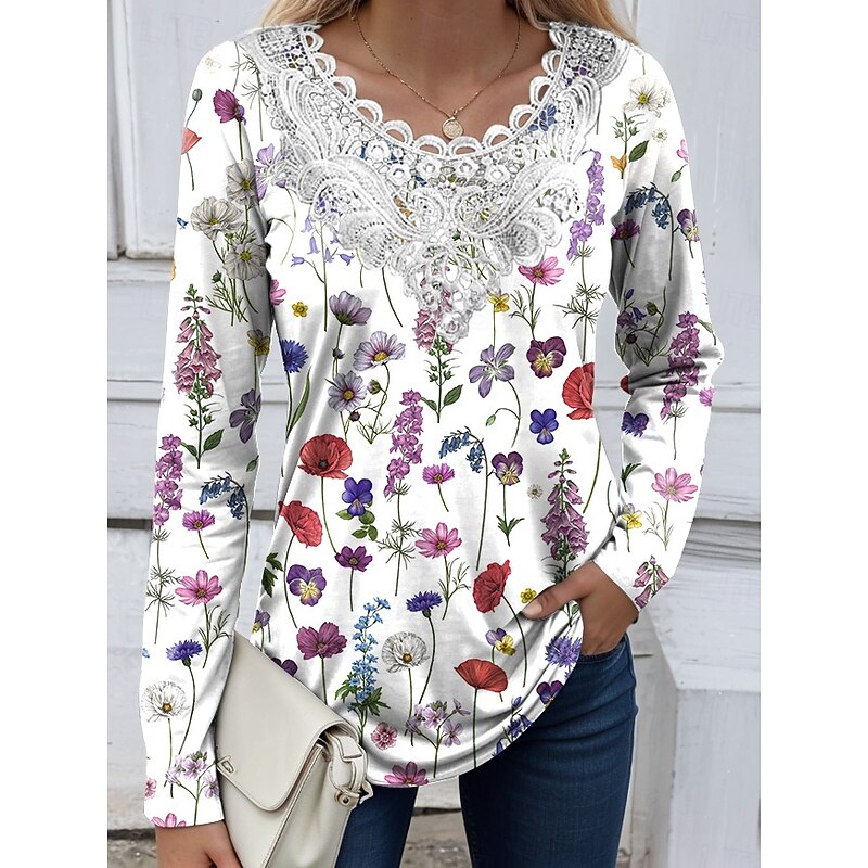 Women's Blouse Tunic Lace Splicing V Neck Long Sleeve Floral Graphic Plants Vintage Casual Crew Neck Tops Daily Going out Weekend Lace Patchwork Print White Pink Purple Green Khaki Fall Prefall3