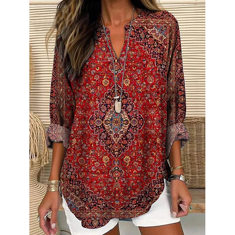 Women's Blouse Tunic V Neck Long Sleeve Boho Casual Graphic Paisley Vintage Tropical Regular Tops Daily Wear Print Red Blue Green