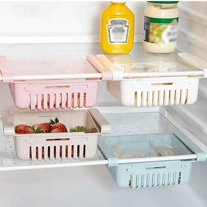 4pcs Refrigerator Storage Racks,Expandable Adjustable Kitchen Organizer Baskets for Eggs, Fruits, Vegetables, and Household Storage, Space-Saving Fridge Organizer2