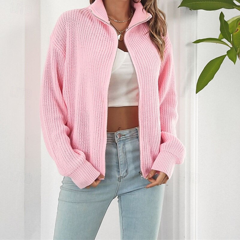 Women's Cardigan Casual Solid Color Chunky Turtleneck Zipper Knitted Long Sleeve Regular Tops Knit Daily Holiday Going out Pink Fall Winter3