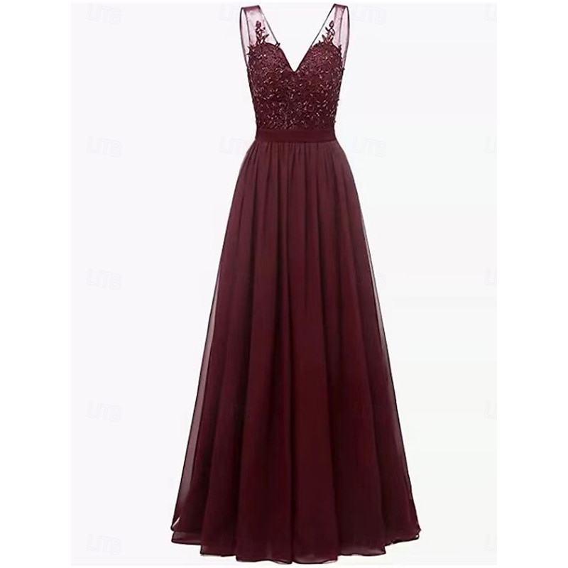 A-Line Mother of the Bride Dress Elegant Simple V Neck Floor Length  Sleeveless with Pleats