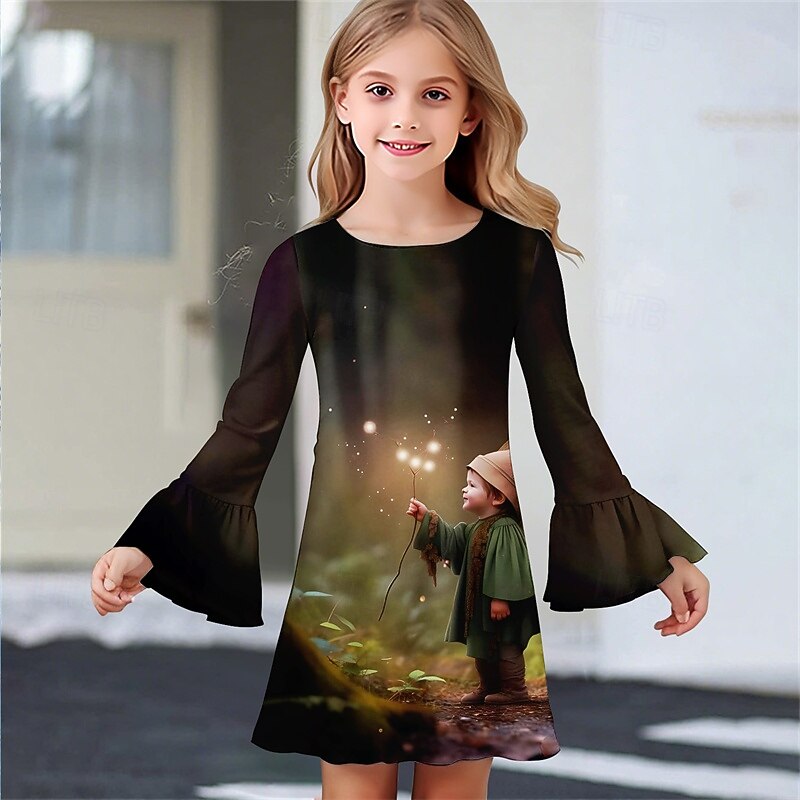 Girls' 3D Graphic Dress Ruffle Dress Long Sleeve Summer Spring Vacation Daily Holiday Beautiful Sweet Kids 4-12 Years Casual Dress Knee-length Regular Fit