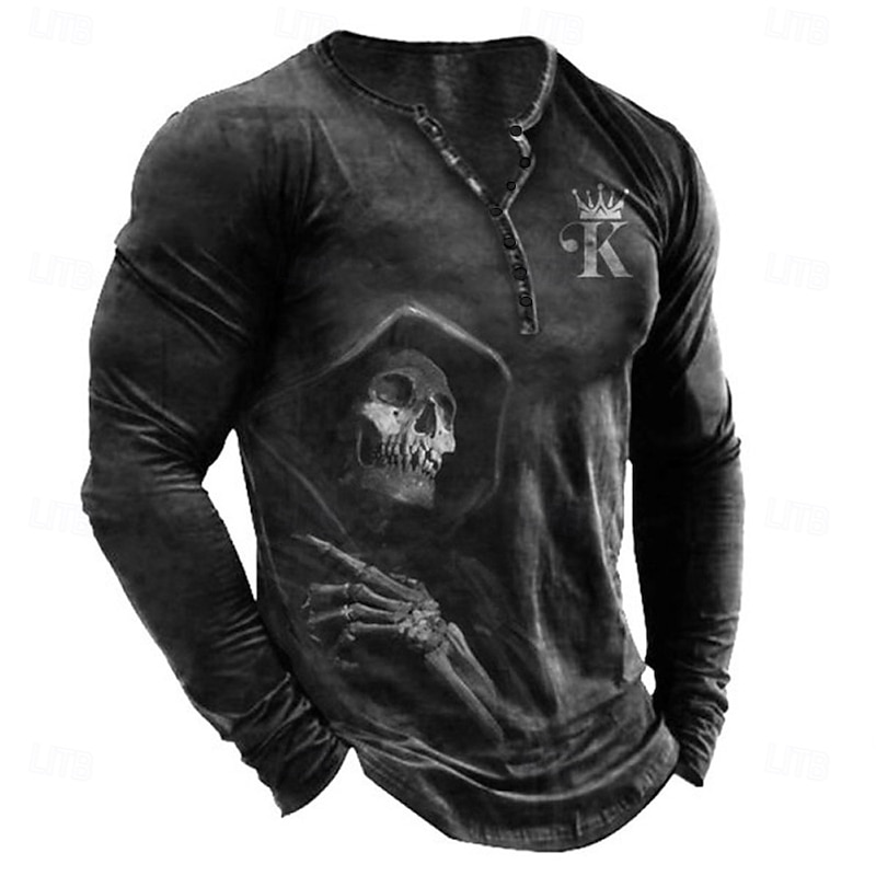 Men's T shirt Tee Henley Shirt Tee Graphic Skull Henley Black White Blue Green Gray 3D Print Plus Size Outdoor Daily Long Sleeve Button-Down Print Clothing Apparel Designer Stylish Vintage Basic3