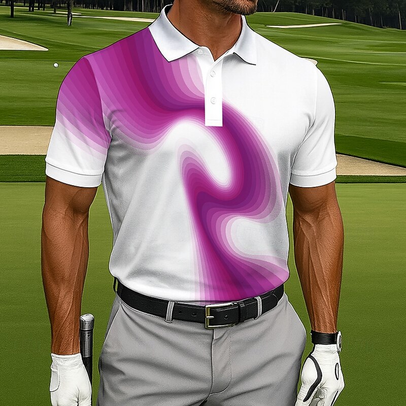 Men's Polo Casual Sports Turndown Short Sleeve Fashion Modern Geometic Golf 3D Print Buttons Summer Violet Lake Blue Blue Polo3