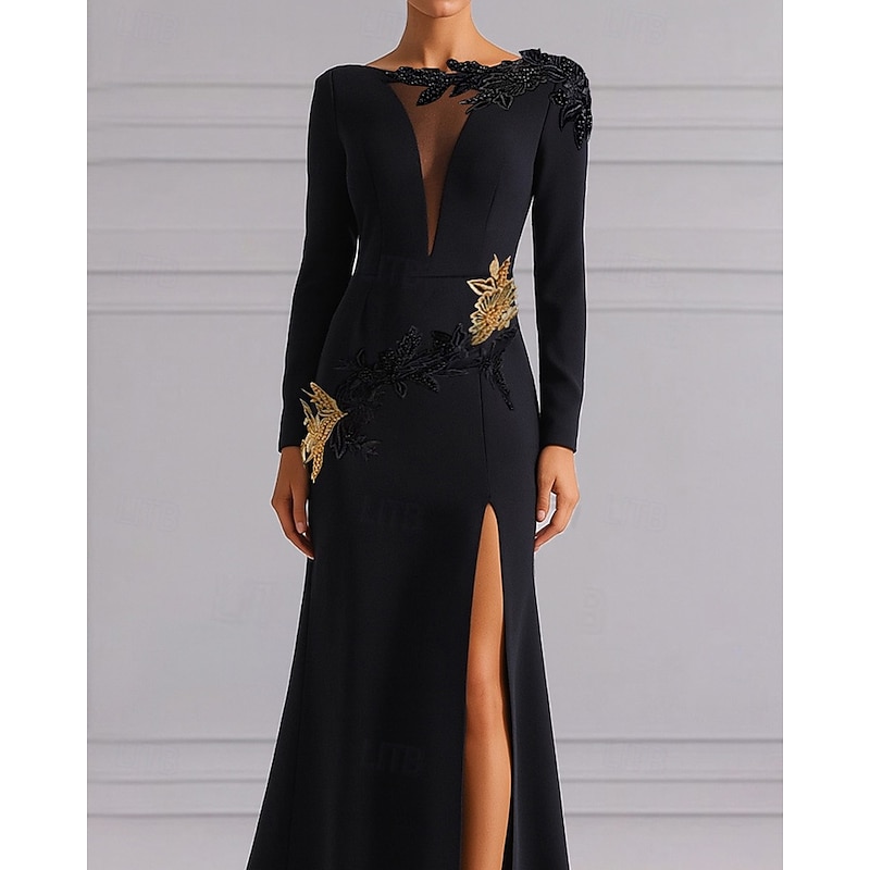 Black and Gold A-Line Evening Gown Elegant Dress Formal Tuxedo Dress Wedding Sweep / Brush Train Long Sleeve V Neck Stretch Crepe with Sequin Embroidery2