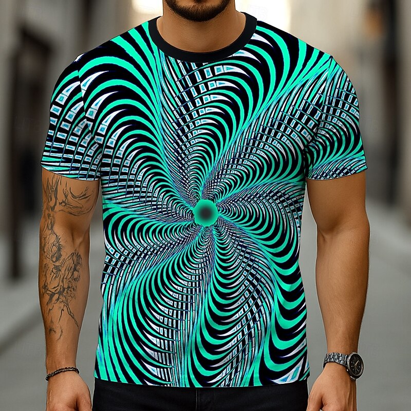 Men's Geometric Optical Illusion 3D T Shirt Short Sleeve T shirt 3D Print Crew Neck Shirt Exaggerated Designer Party Street Casual Yellow Navy Blue Blue Summer Spring All Seasons Clothing Apparel S M3