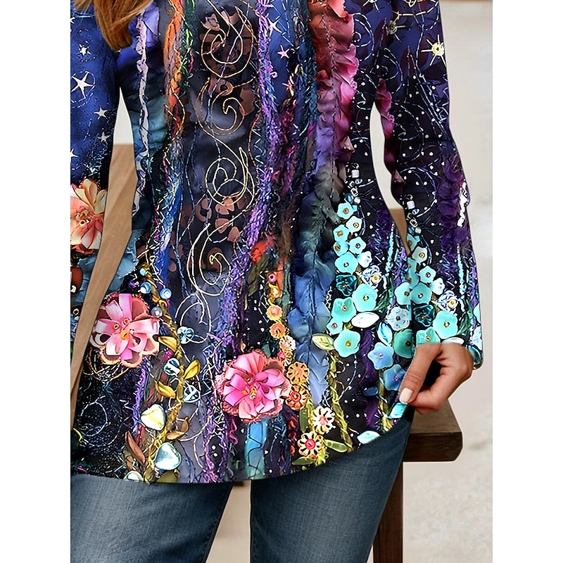 Women's T shirt Long Sleeve Floral Graphic Vintage Stylish Classic Long Sleeve V Neck Regular Tops Daily Cut Out Print Violet Spring Fall Prefall3