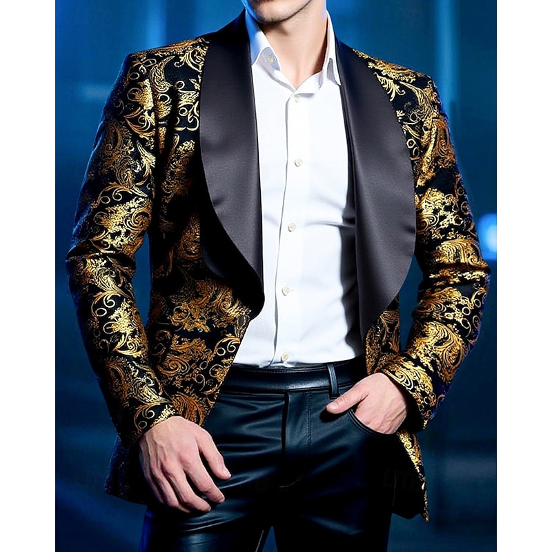 Men's Blazer Business Cocktail Party Wedding Party Fashion Casual Spring Fall Polyester Paisley Pocket Buttons Comfortable Single Breasted Blazer Gold