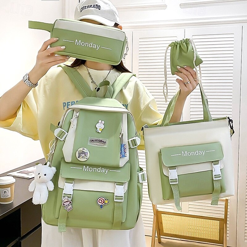 Girls 5-in-1 Green Backpack Set with Cute Accessories – Lightweight School Bag with Tote, Pencil Case and Drawstring Pouch for Teen Students and Daily Use