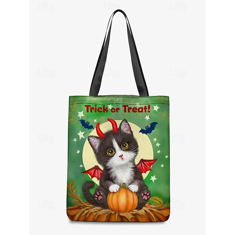 Women's Halloween Tote Bag with Cute Cat Print by Kayomi Harai, Large Capacity Canvas Shoulder Bag for Trick or Treat and Party Use4