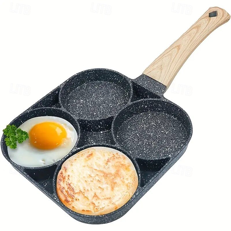 Non-stick Egg Frying Pan, 4 Holes Skillet With Handle, Multifunctional, Wooden Handle Medical Stone Omelet Non-stick Cookware frying pan