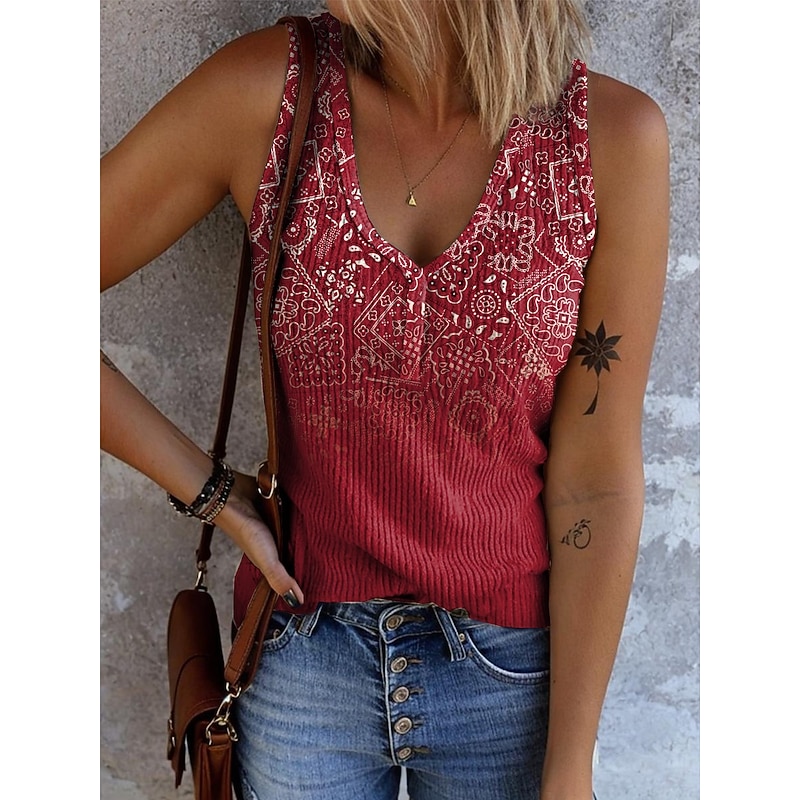 Women's Camisole Tank Top Graphic Geometric Bohemia Vintage Tropical Sleeveless V Neck Regular Tops Daily Print Light Green Red Blue Khaki Rainbow Summer Spring
